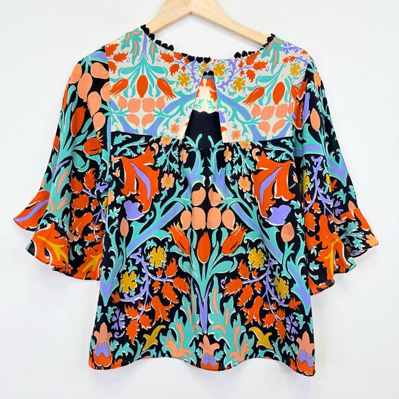 Anthropologie MAEVE Silk Folkart Blouse 4 Kimono Sleeve Floral Mixed Print Boho - Picture 5 of 11
